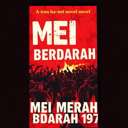 Create a novel cover for 'MEI MERAH BERDARAH 1997' featuring a striking red background that symbolizes chaos and violence