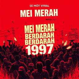 Create a novel cover for 'MEI MERAH BERDARAH 1997' featuring a striking red background that symbolizes chaos and violence