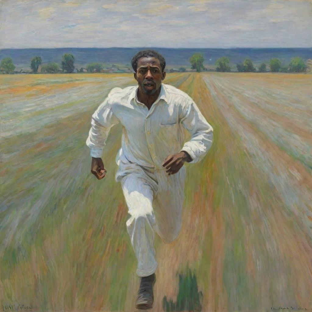 An African American man, wearing white, running away across a field with a scared look on his face. In the vivid style of Claude Monet, his motion creates dynamic, impressionistic streaks, enhancing the intensity of the scene.