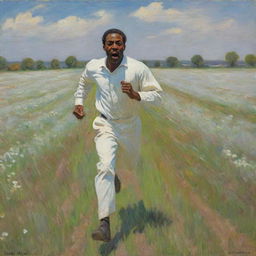 An African American man, wearing white, running away across a field with a scared look on his face. In the vivid style of Claude Monet, his motion creates dynamic, impressionistic streaks, enhancing the intensity of the scene.