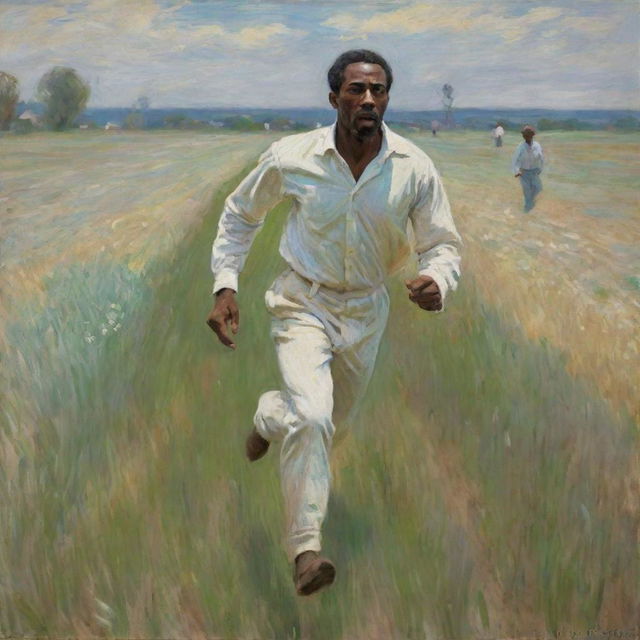 An African American man, wearing white, running away across a field with a scared look on his face. In the vivid style of Claude Monet, his motion creates dynamic, impressionistic streaks, enhancing the intensity of the scene.