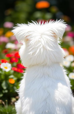 A fluffy white schnauzer, sitting gracefully with its back facing the viewer, fluffy fur gleaming in the sunlight