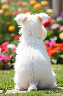 A fluffy white schnauzer, sitting gracefully with its back facing the viewer, fluffy fur gleaming in the sunlight