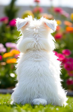 A fluffy white schnauzer, sitting gracefully with its back facing the viewer, fluffy fur gleaming in the sunlight