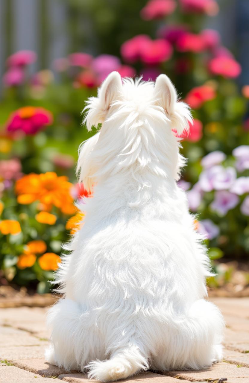 A fluffy white schnauzer, sitting gracefully with its back facing the viewer, fluffy fur gleaming in the sunlight