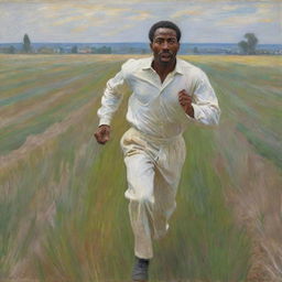 An African American man, wearing white, running away across a field with a scared look on his face. In the vivid style of Claude Monet, his motion creates dynamic, impressionistic streaks, enhancing the intensity of the scene.