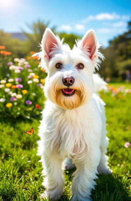 A fluffy white schnauzer dog standing in a sunny park, its beard and eyebrows prominent and well-groomed