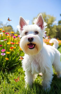 A fluffy white schnauzer dog standing in a sunny park, its beard and eyebrows prominent and well-groomed