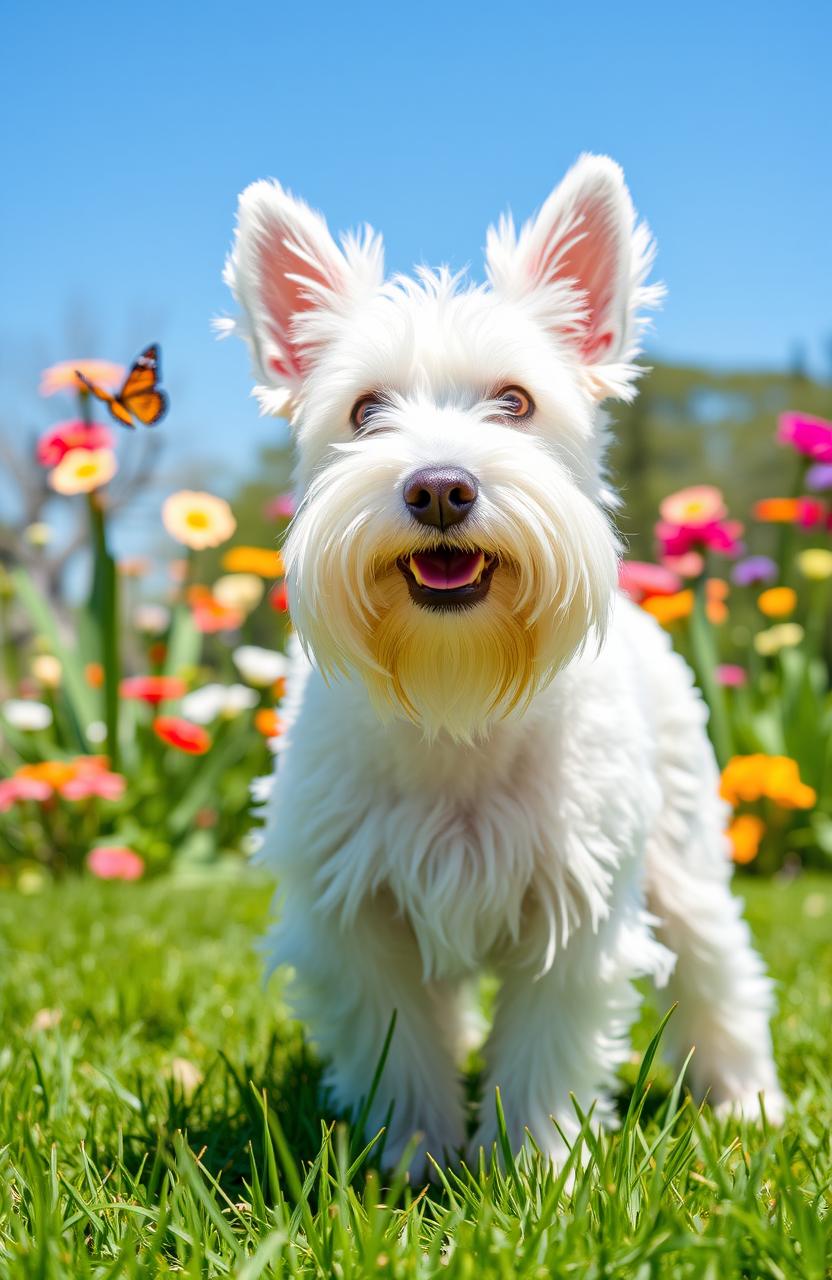 A fluffy white schnauzer dog standing in a sunny park, its beard and eyebrows prominent and well-groomed