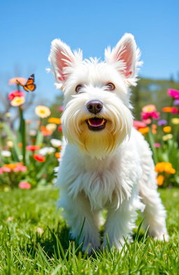 A fluffy white schnauzer dog standing in a sunny park, its beard and eyebrows prominent and well-groomed