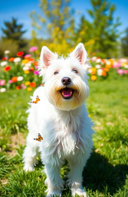 A fluffy white schnauzer dog standing in a sunny park, its beard and eyebrows prominent and well-groomed