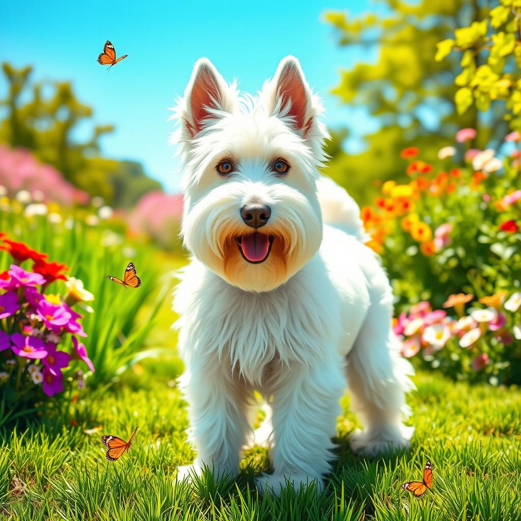 A fluffy white schnauzer dog standing in a sunny park, its beard and eyebrows prominent and well-groomed