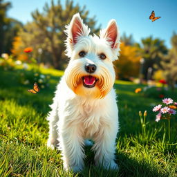 A fluffy white schnauzer dog standing in a sunny park, its beard and eyebrows prominent and well-groomed