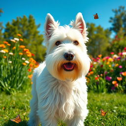 A fluffy white schnauzer dog standing in a sunny park, its beard and eyebrows prominent and well-groomed