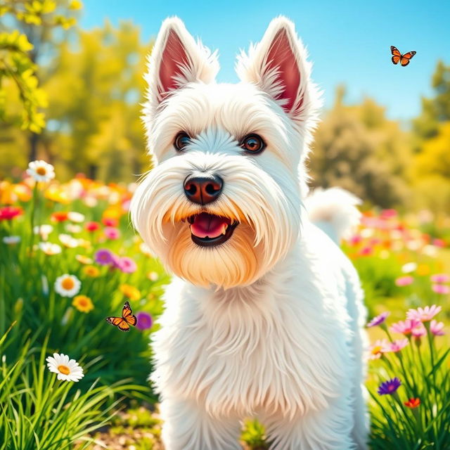 A fluffy white schnauzer dog standing in a sunny park, its beard and eyebrows prominent and well-groomed