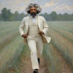 Illustrate Frederick Douglass, dressed in white, running across a field in fear. Drawn in the impressionistic style of Claude Monet, his movement generates dynamic brush strokes in the landscape, producing an atmosphere of urgency and intensity.