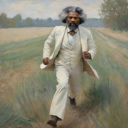 Illustrate Frederick Douglass, dressed in white, running across a field in fear. Drawn in the impressionistic style of Claude Monet, his movement generates dynamic brush strokes in the landscape, producing an atmosphere of urgency and intensity.