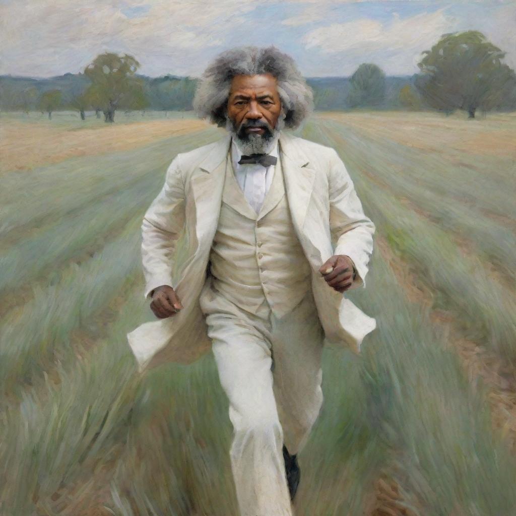 Illustrate Frederick Douglass, dressed in white, running across a field in fear. Drawn in the impressionistic style of Claude Monet, his movement generates dynamic brush strokes in the landscape, producing an atmosphere of urgency and intensity.