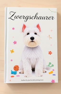 A charming book cover featuring a fluffy white Zwergschnauzer, sitting attentively with its alert expression, set against a soft pastel background that complements the dog’s fur