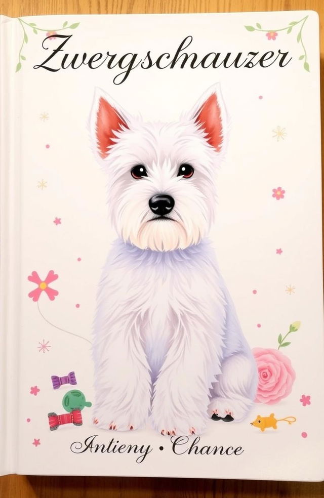 A charming book cover featuring a fluffy white Zwergschnauzer, sitting attentively with its alert expression, set against a soft pastel background that complements the dog’s fur