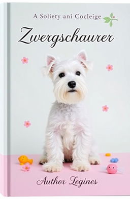 A charming book cover featuring a fluffy white Zwergschnauzer, sitting attentively with its alert expression, set against a soft pastel background that complements the dog’s fur