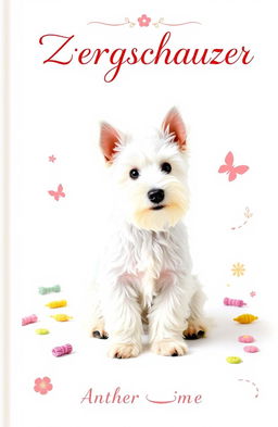 A charming book cover featuring a fluffy white Zwergschnauzer, sitting attentively with its alert expression, set against a soft pastel background that complements the dog’s fur