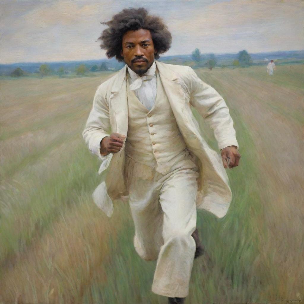 Create an image of a young Frederick Douglass, dressed in white, running fearfully across a field. In Claude Monet's impressionistic style, the landscape blurs with his motion, creating a vivid scene full of urgency and suspense.