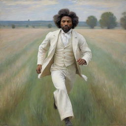 Create an image of a young Frederick Douglass, dressed in white, running fearfully across a field. In Claude Monet's impressionistic style, the landscape blurs with his motion, creating a vivid scene full of urgency and suspense.