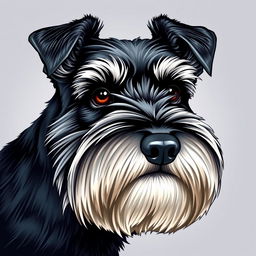 A detailed and vibrant illustration of a Zwergschnauzer's head, showcasing its distinctive beard, bushy eyebrows, and alert expression