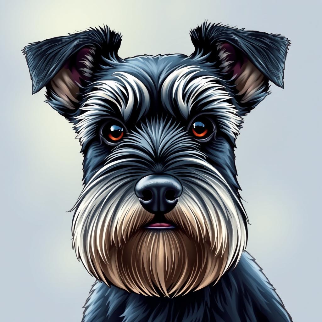 A detailed and vibrant illustration of a Zwergschnauzer's head, showcasing its distinctive beard, bushy eyebrows, and alert expression