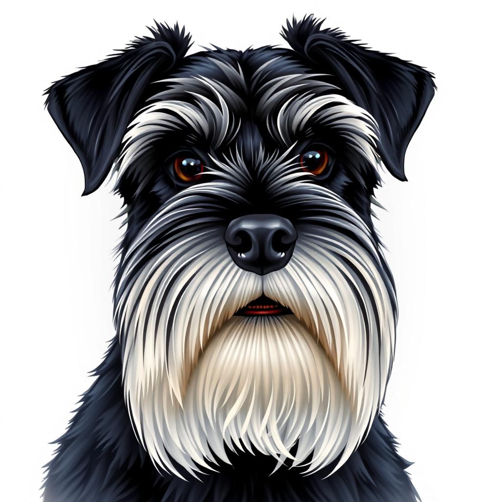 A detailed and vibrant illustration of a Zwergschnauzer's head, showcasing its distinctive beard, bushy eyebrows, and alert expression