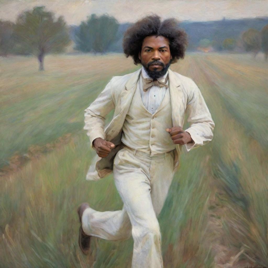 Create an image of a young Frederick Douglass, dressed in white, running fearfully across a field. In Claude Monet's impressionistic style, the landscape blurs with his motion, creating a vivid scene full of urgency and suspense.