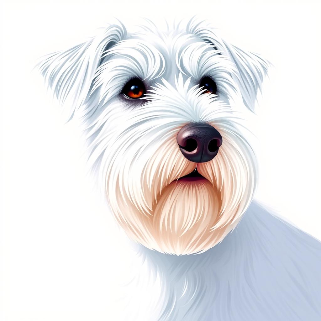 A detailed and vibrant illustration of a white Zwergschnauzer's head, showcasing its distinctive beard, bushy eyebrows, and alert expression