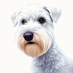 A detailed and vibrant illustration of a white Zwergschnauzer's head, showcasing its distinctive beard, bushy eyebrows, and alert expression