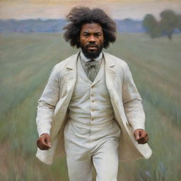 In Monet's impressionistic style, depict a young Frederick Douglass dressed casually in white clothes, running away in fear across a field. Blur and blend the background to emulate Douglass' motion and the intense, frightening atmosphere.