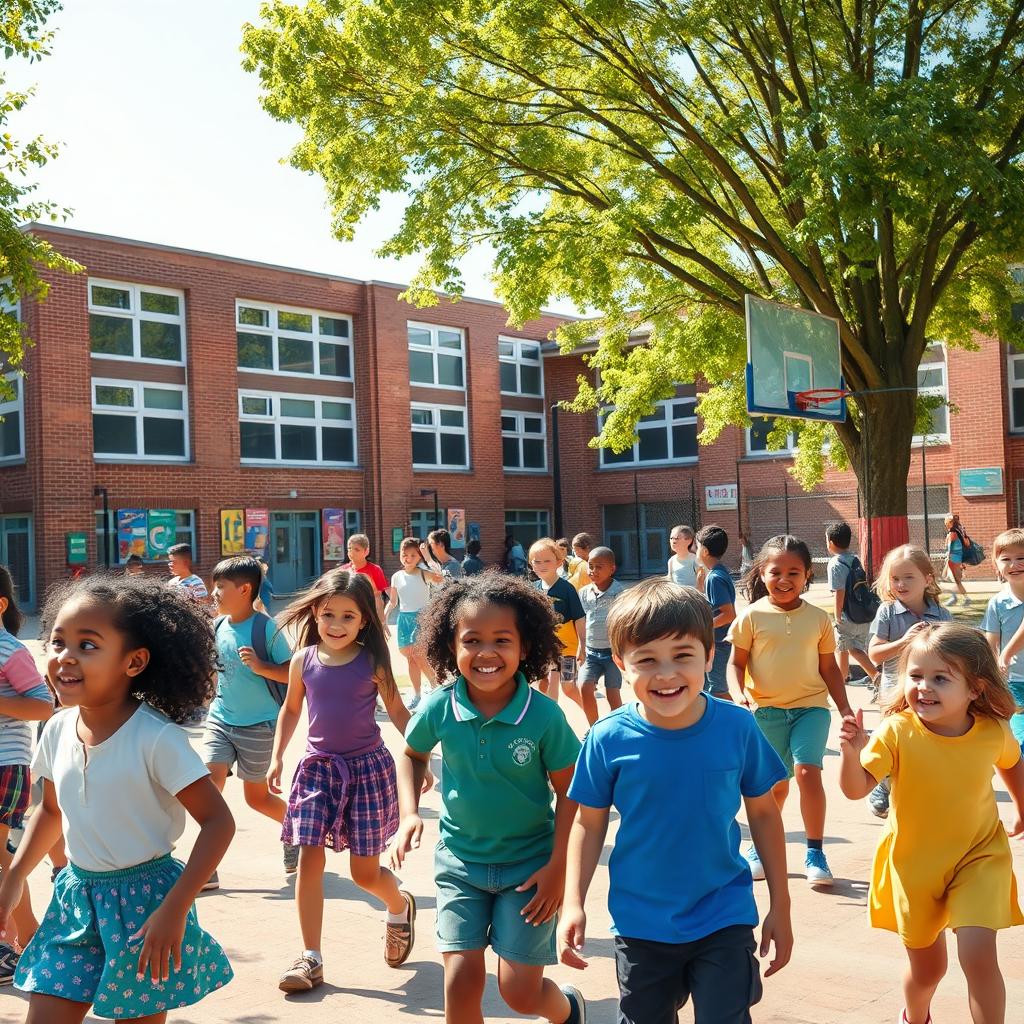 A bustling school scene set on a bright sunny day, with children of diverse backgrounds playing on the playground, laughing and enjoying their time