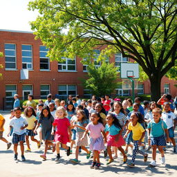 A bustling school scene set on a bright sunny day, with children of diverse backgrounds playing on the playground, laughing and enjoying their time