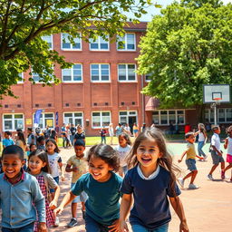 A bustling school scene set on a bright sunny day, with children of diverse backgrounds playing on the playground, laughing and enjoying their time