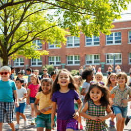 A bustling school scene set on a bright sunny day, with children of diverse backgrounds playing on the playground, laughing and enjoying their time