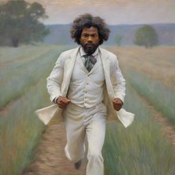 In Monet's impressionistic style, depict a young Frederick Douglass dressed casually in white clothes, running away in fear across a field. Blur and blend the background to emulate Douglass' motion and the intense, frightening atmosphere.