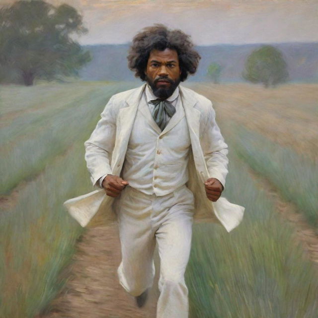 In Monet's impressionistic style, depict a young Frederick Douglass dressed casually in white clothes, running away in fear across a field. Blur and blend the background to emulate Douglass' motion and the intense, frightening atmosphere.