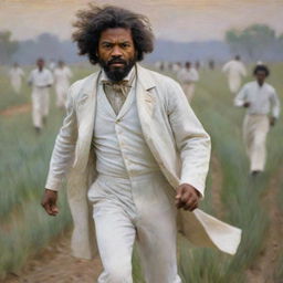 In Monet's impressionistic style, depict a young Frederick Douglass dressed casually in white clothes, running away in fear across a field. Blur and blend the background to emulate Douglass' motion and the intense, frightening atmosphere.