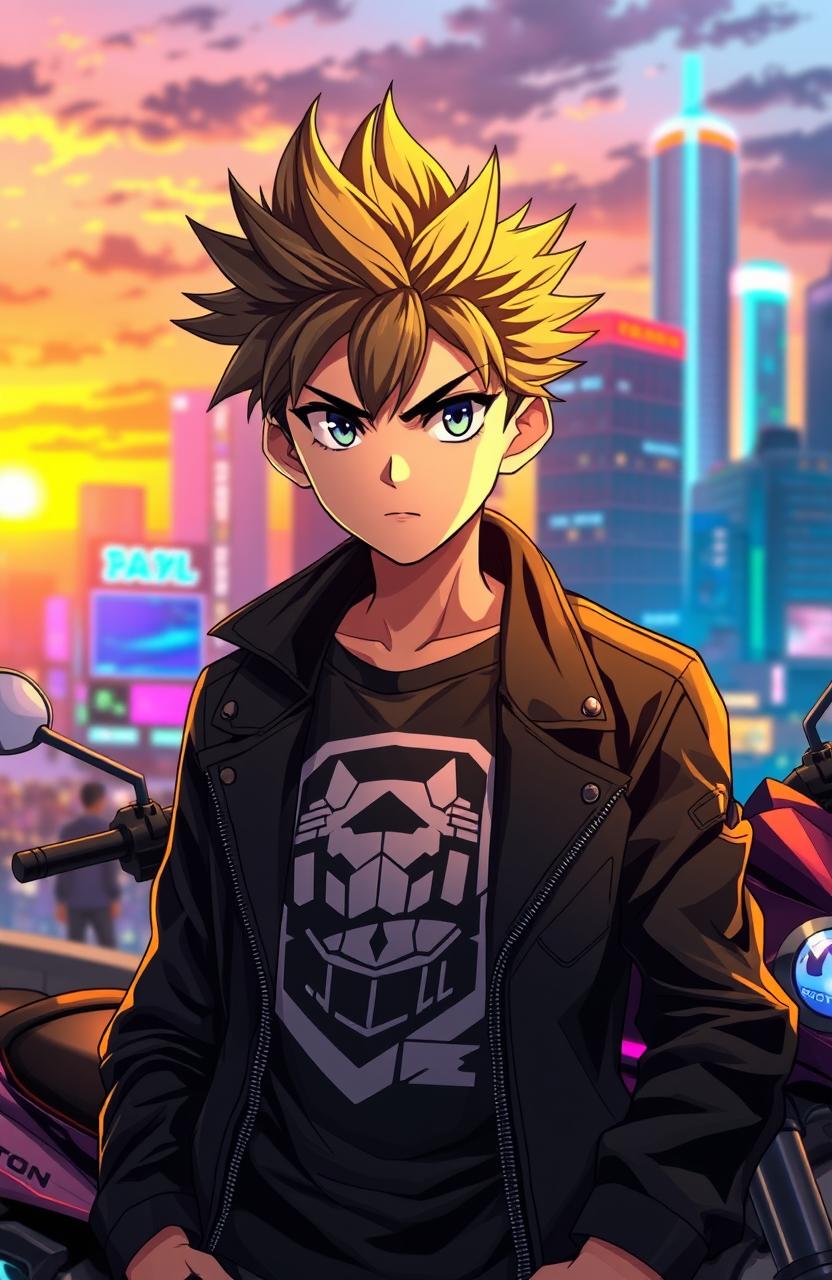 A striking anime boy with spiky hair and an intense gaze, wearing a stylish black leather jacket over a graphic t-shirt