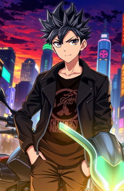 A striking anime boy with spiky hair and an intense gaze, wearing a stylish black leather jacket over a graphic t-shirt