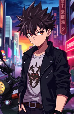 A striking anime boy with spiky hair and an intense gaze, wearing a stylish black leather jacket over a graphic t-shirt