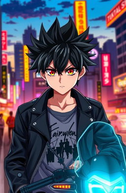 A striking anime boy with spiky hair and an intense gaze, wearing a stylish black leather jacket over a graphic t-shirt