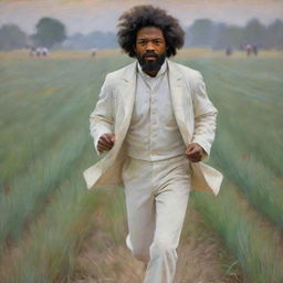 In Monet's impressionistic style, depict a young Frederick Douglass dressed casually in white clothes, running away in fear across a field. Blur and blend the background to emulate Douglass' motion and the intense, frightening atmosphere.