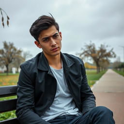 A young man with a look of disappointment on his face, sitting on a park bench under a grey sky