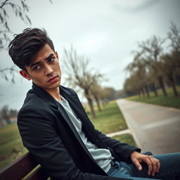 A young man with a look of disappointment on his face, sitting on a park bench under a grey sky