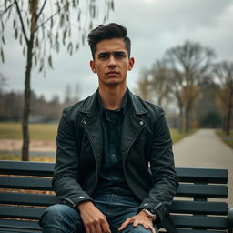 A young man with a look of disappointment on his face, sitting on a park bench under a grey sky